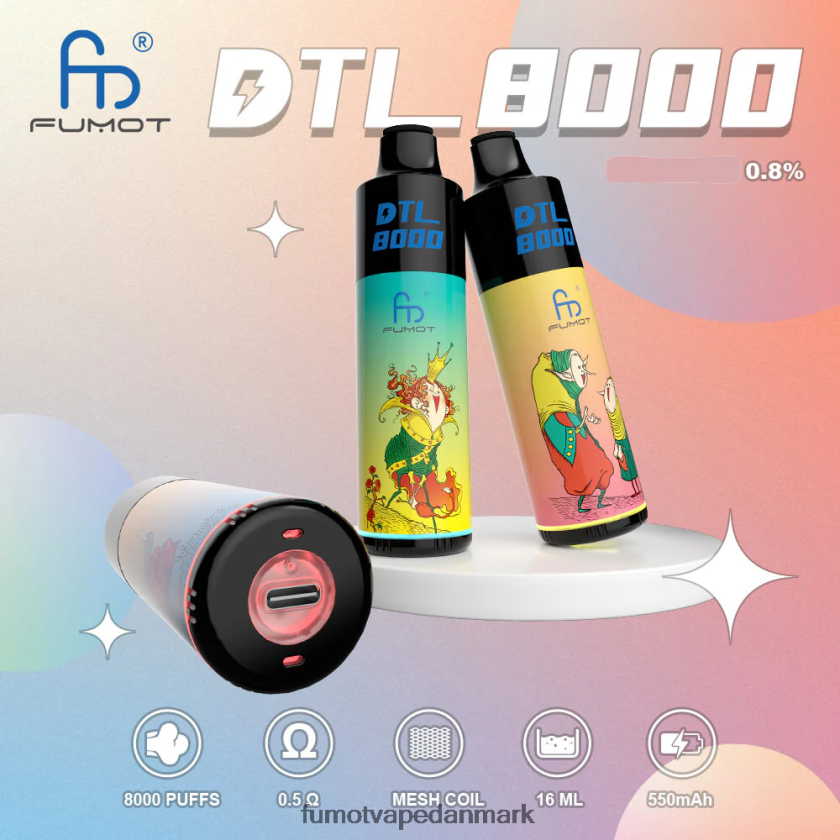 Fumot Vape Danmark - Fumot DTL 8000 engangs vape pen - 16ml (1 stk) 4686X6422 fersken is